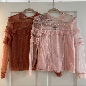 LIKE NEW Express Elegant Sheer Ruffle Blouse - Baby Pink and Rosy Brown Pink